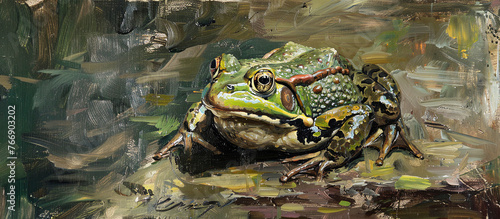 Colorful art of  cute frog on abstract background. Oil painting.Banner