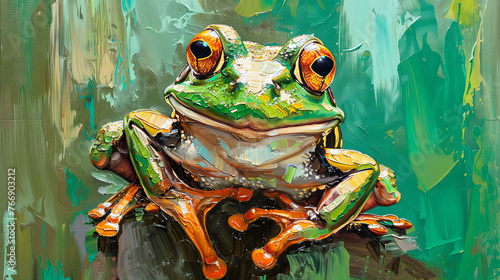 Colorful Illustration of frog on abstract background. Oil painting.