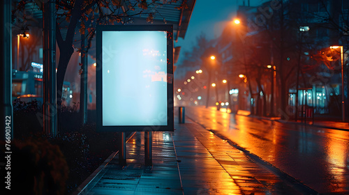 Illuminated empty billboard on a rainy city street at night ready for advertisement mockup