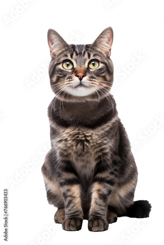 Studio portrait of a sitting tabby cat looking forward against a white backdground © PhotoFolio Finds