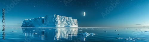 Massive iceberg, personifying perseverance, under starlit sky, calm maritime setting,