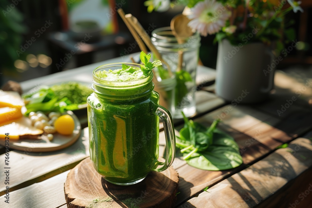Homemade green smoothie in a mason jar on a rustic wooden table. Generated AI.