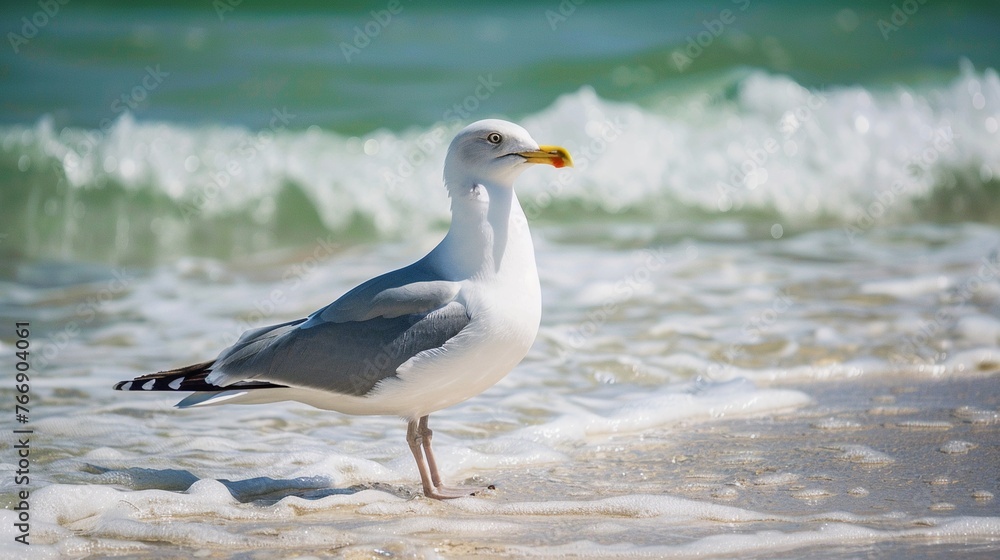 Seagull standing on the beach in front of the sea waves.