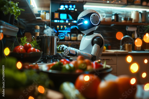  robot chef cooking breakfast in the kitchen, with holographic elements showing other dishes.