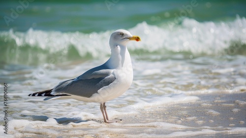 Seagull standing on the beach in front of the sea waves.