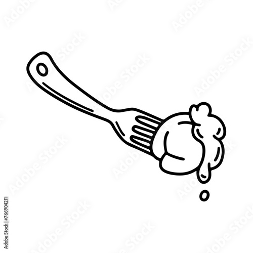 Dumpling on fork with sour cream. Pelmeni, Dough and meat products. Hand vector doodle illustration.