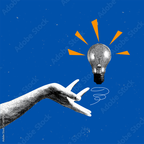Contemporary art collage. Vector illustration. Black and white drawn hand gently pointing to monochrome light bulb. Generate ideas. Concept of social media, influence, popularity, modern lifestyle. Ad © Lustre