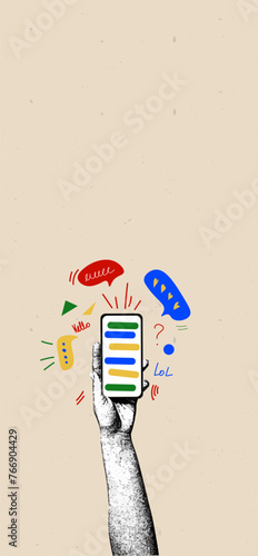 Contemporary art collage. Vector illustration. hand in monochrome filter hold smartphone with speech bubbles. Chatting. Concept of social media, influence, popularity, modern lifestyle and ad