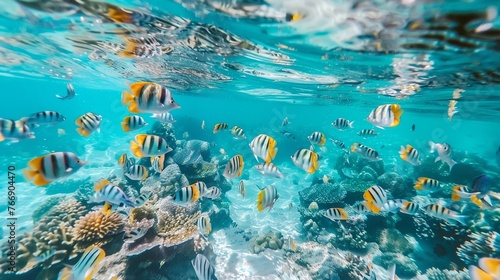 Underwater view of a tropical coral reef with fish and marine life.