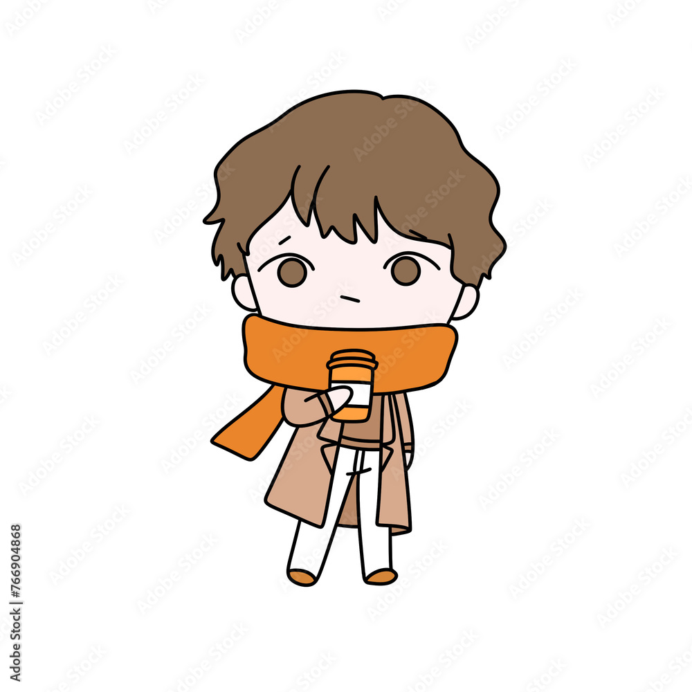 A cartoon boy is holding a cup of coffee and a bottle of medicine. He is wearing a scarf and a brown coat A cartoon boy is holding a cup of coffee and a bottle of medicine. He is wearing a scarf and a brown coat