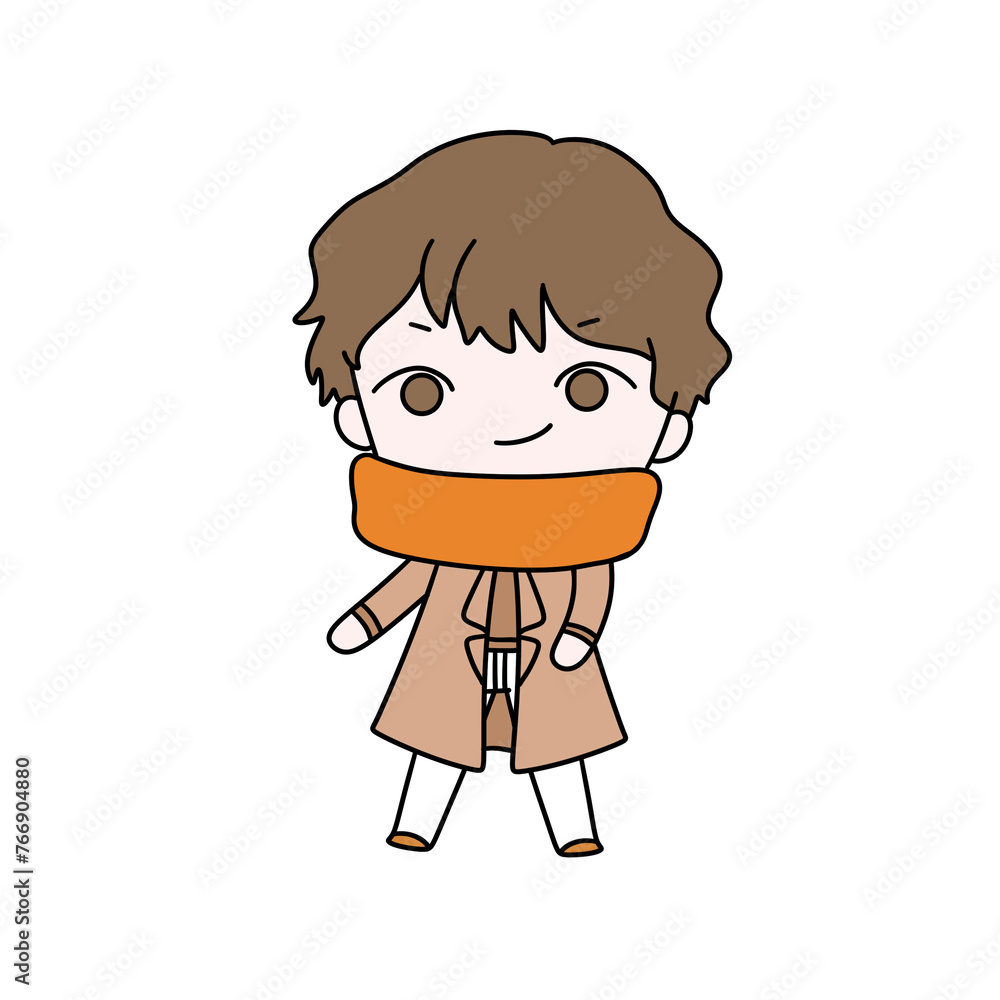 A cartoon boy wearing a scarf and a coat. He is smiling and looking at the camera. The image is in a light color palette A cartoon boy wearing a scarf and a coat. He is smiling and looking at the camera. The image is in a light color palette