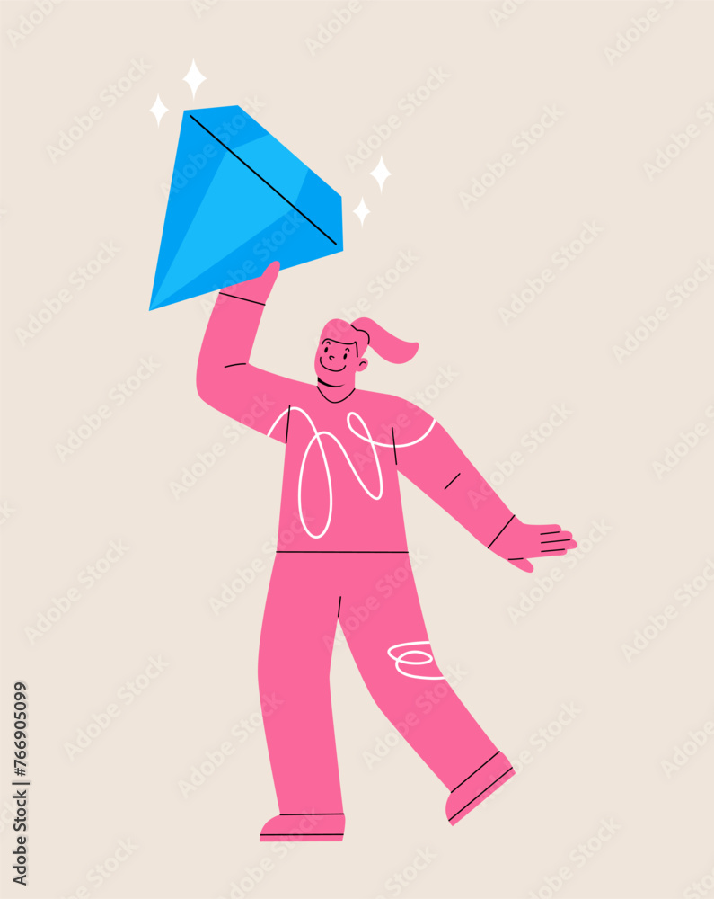 Woman holding a valuable diamond. Finding yourself searching for self value success. Colorful vector illustration