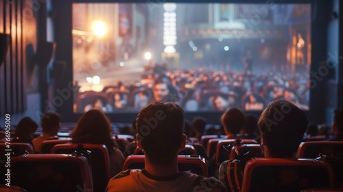Group of people, view from the back, sitting in big cinema, watching an action movie projected on a large screen photo