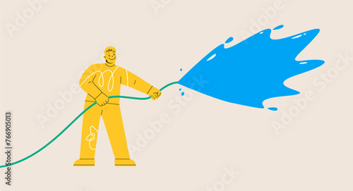 Man watering with hose during summer activity festival. Colorful vector illustration