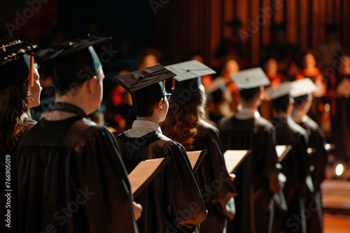 Graduation ceremony. Graduates in caps and gowns stand proudly on stage, diplomas clutched in their hands. Family and friends cheer from the audience