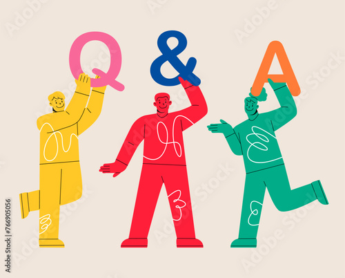 Question and answer concept. Group of people showing letters Q and A. Colorful vector illustration