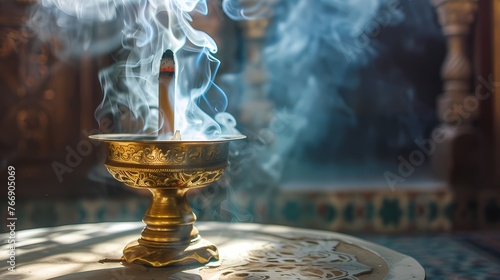 A traditional brass incense burner releasing fragrant smoke, adding an aromatic element to the celebration of Ramadan.