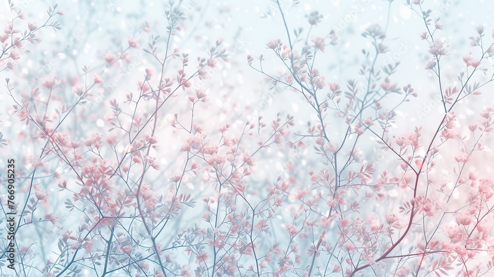 Soft focus of delicate pink blossoms in a dreamy blue mist. Generated AI.