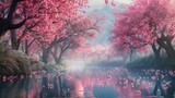 Lake Painting With Pink Flowers