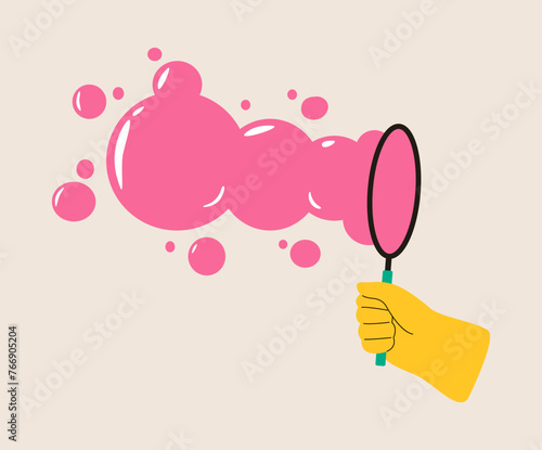 Human hand playing soap bubbles. Colorful vector illustration