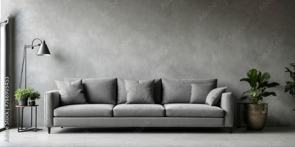 grey sofa with terra cotta pillows against black wall with shelves and posters - obrazy, fototapety, plakaty 