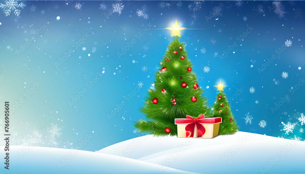 Background for a greeting card for Christmas and New Year with a small Christmas tree and a gift.