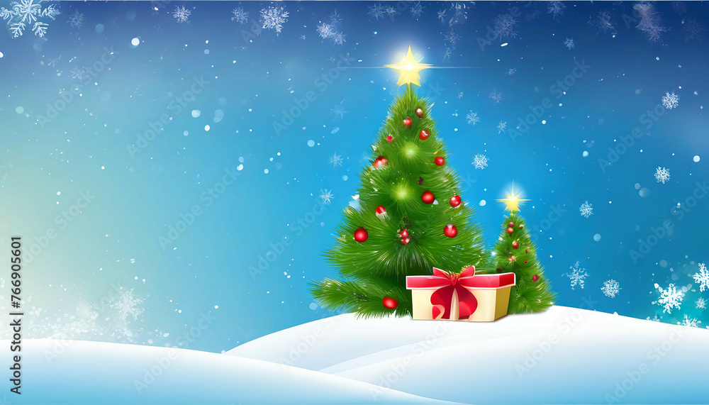 Obraz premium Background for a greeting card for Christmas and New Year with a small Christmas tree and a gift.