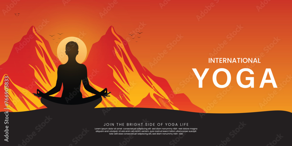 international yoga day black  Art & mountain Illustration with sun rise, vector file