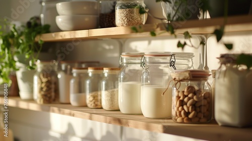 Row of milk bottles with fabric tops on a rustic kitchen shelf. Generated AI.