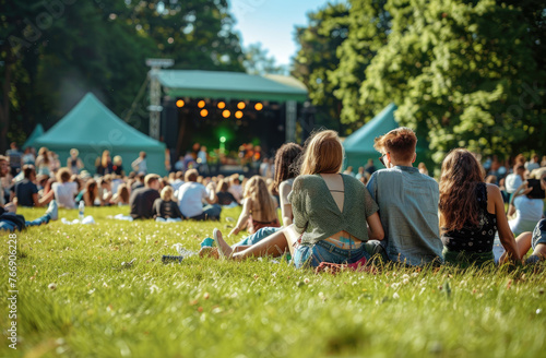 A group of people sitting on the grass at an outdoor concert in English park, with green tents and a stage background
