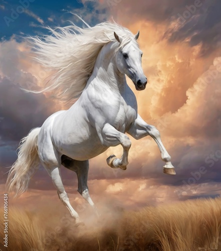 A white horse gallops with elegance through a golden field, its mane flowing freely against a picturesque sunset sky. AI generation