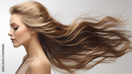 Portrait of young beautiful woman with gorgeous healthy dark blonde long hair 