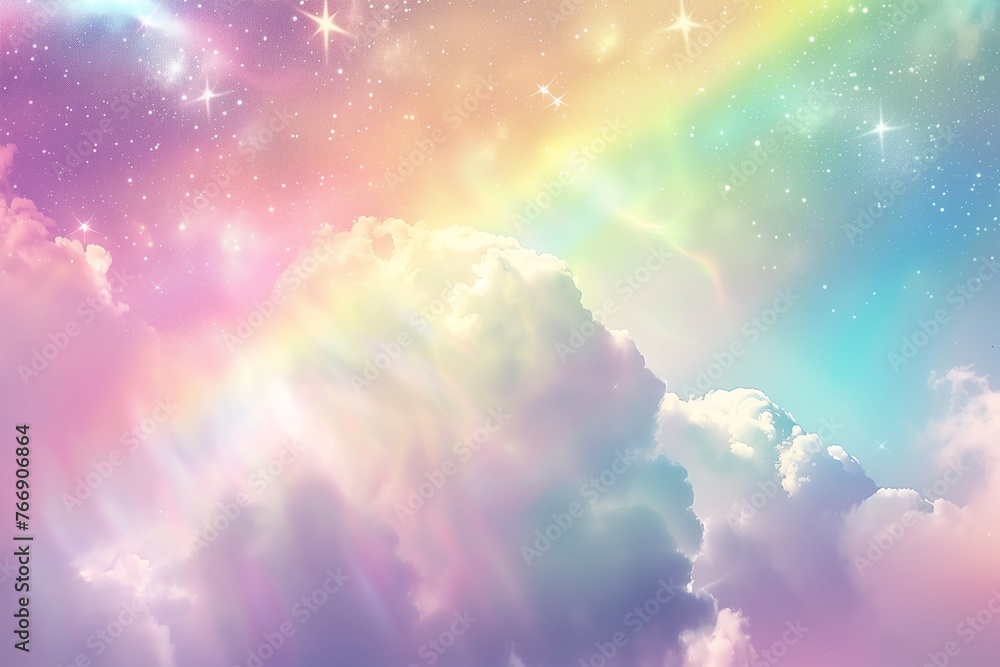 Cute pastel rainbow background with clouds and stars, soft sky with a dreamy rainbow fantasy background - obrazy, fototapety, plakaty 