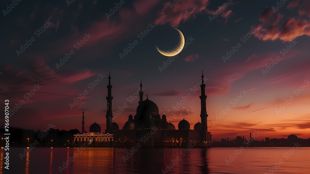 A stunning scene of a crescent moon over a mosque silhouette, adorned with delicate Ramadan decorations, conveying the warmth of Ramadan Mubarak.