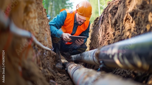 Engineer holding a tablet is inspecting the installation and laying of heating pipes in a ditch at the construction site. Install an underground drainage system of main water and sanitary wastewater.  photo