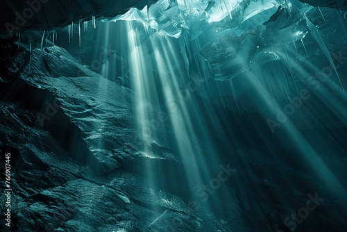 Sun beams in a surreal ice cave. Background image. Created with Generative AI technology.