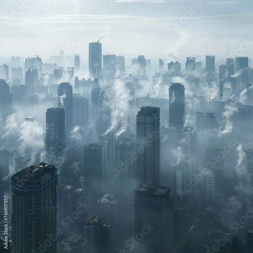 A city skyline is covered in a thick fog  with smoke billowing from the tops of the buildings. The atmosphere is eerie and ominous  as if the city is shrouded in a mysterious haze