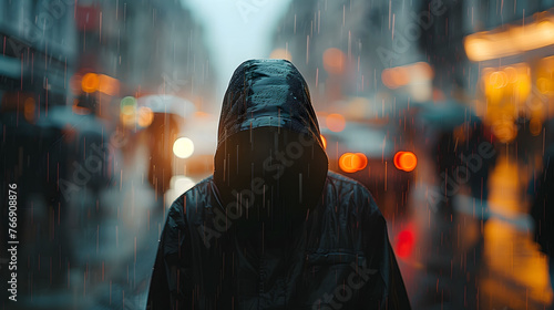 Anonymous figure in a hoody standing still in a bustling city street during rain