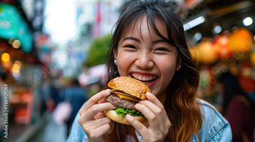 Smiling woman holding a sandwich and hamburger, enjoying her lunch, satisfying her hunger with delicious fast food