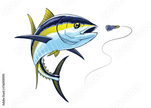 Yellowfin Tuna Fish Catching the Fishing Lure Realistic Illustration photo