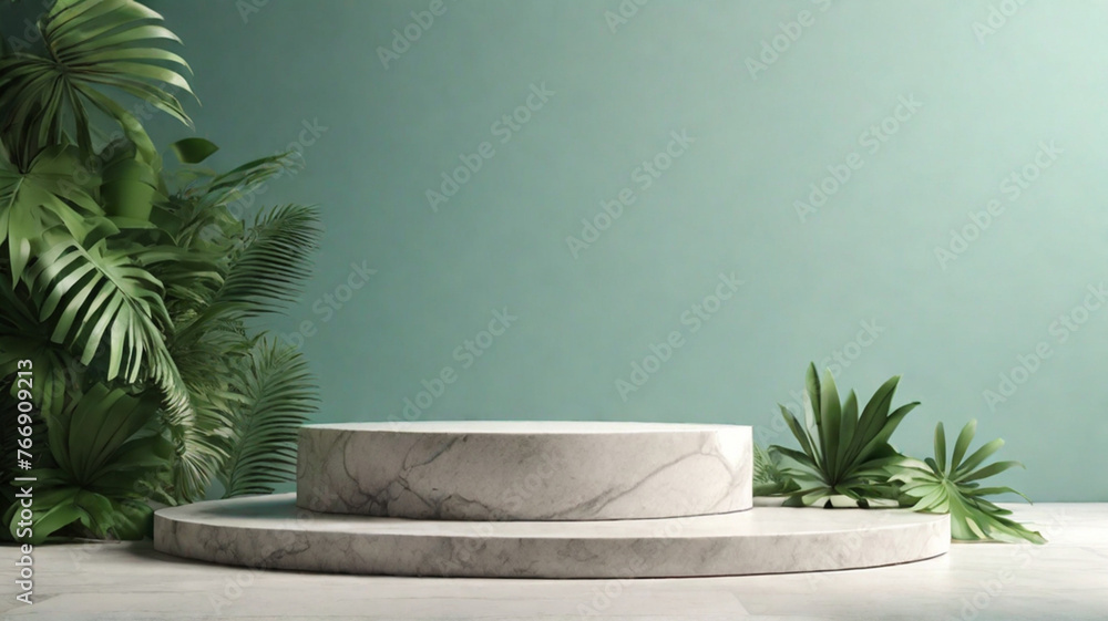 White granite stone pedestal, simple round stand with green tropical plants around. Product presentation concept. White granite stone pedestal, simple round stand with green tropical plants around. Product presentation concept.