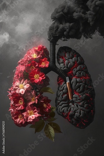 Conceptual art of healthy versus unhealthy lungs with flowers and smoke. Generated AI.