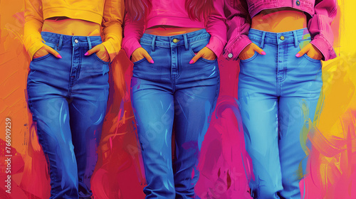 Three women in colorful tops and denim jeans against a vivid backdrop.