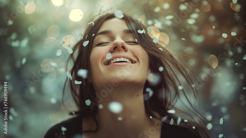 A woman smiling surrounded by confetti and bokeh lights.