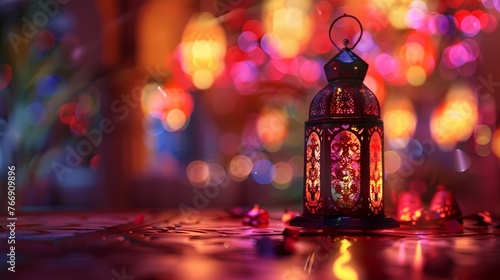 The elegance of "Ramadan Mubarak" beautifully displayed on a flat surface, accompanied by a traditional lantern in a burst of vibrant colors.