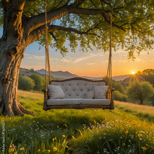 araffy swing hanging from a tree in a field with a sunset in the background photo