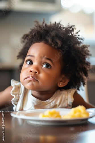 African American 2-year-old girl with an adorable expression while having a snack