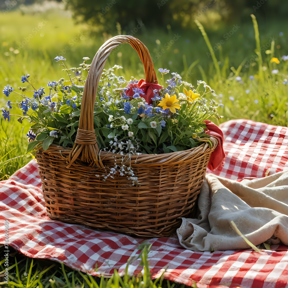 a basket with flowers on a checkered cloth a basket with flowers on a checkered cloth