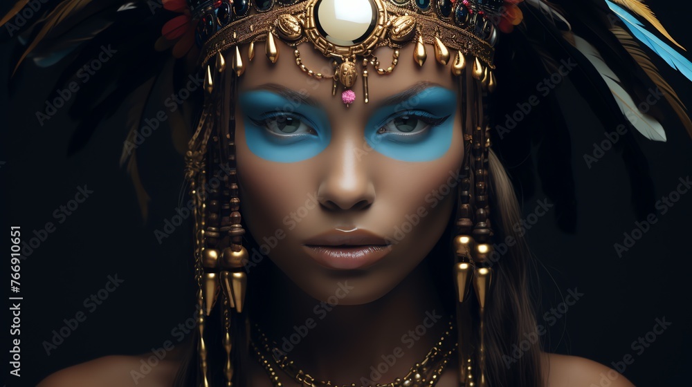 a woman with blue makeup and a crown