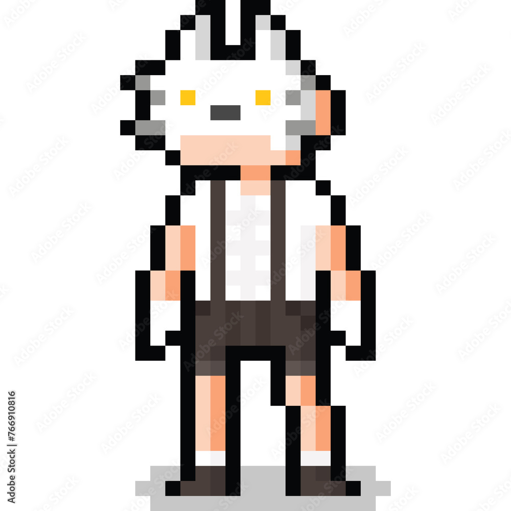 Fototapeta premium Pixel art cartoon man wearing white cat mask character